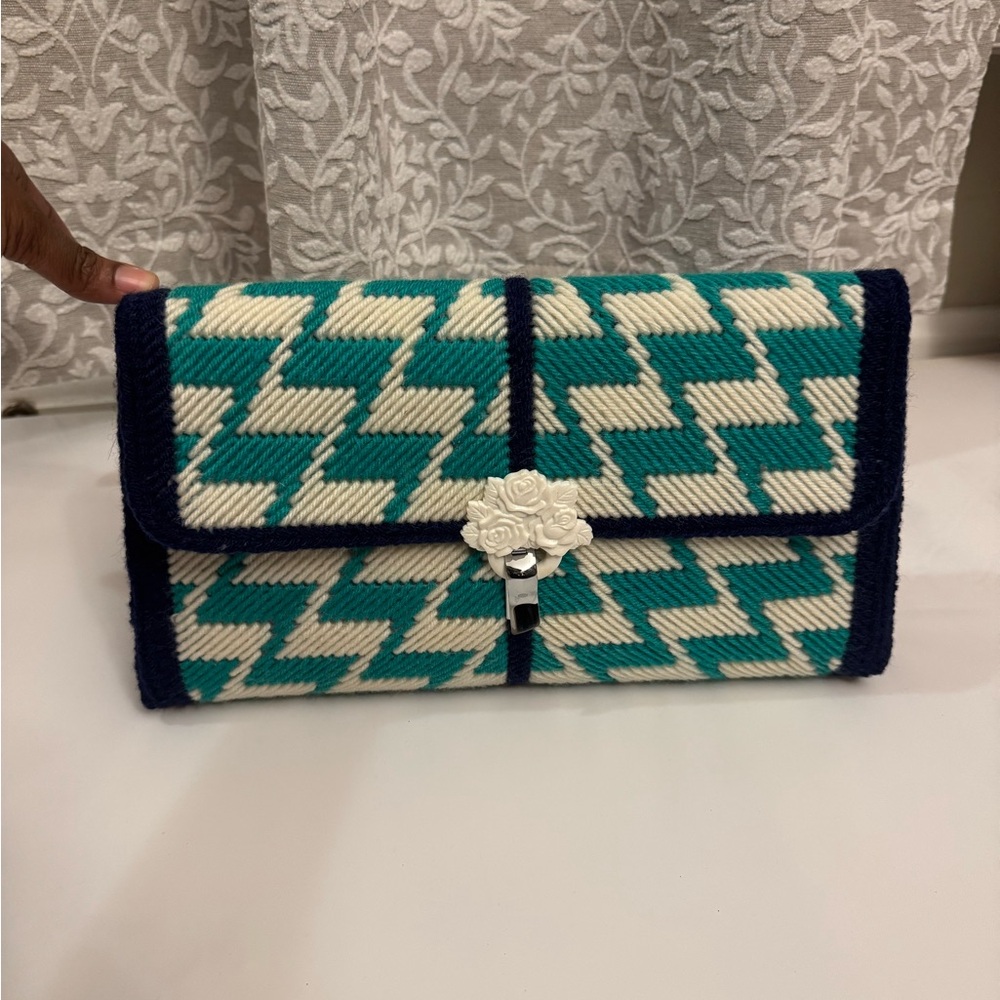 Vintage Hand knit Japanese Chevron Envelope Clutch - Teal and Cream